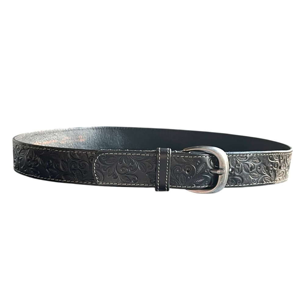 Warehouse One Embossed Black Leather Belt Medium Silver Buckle - Picture 3 of 13